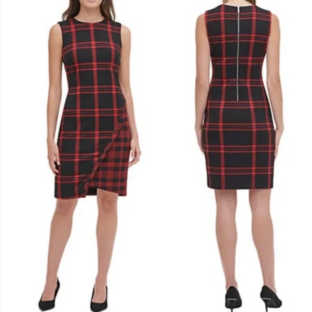 TOMMY HILFIGER  Plaid Sleeveless
Jewel Neck Above The Knee Dress
Petites 8P